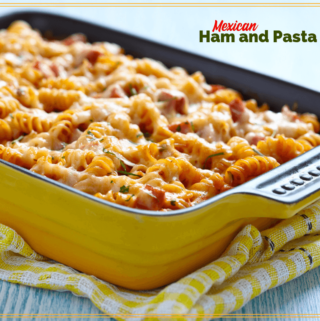 ham and pasta bake in a casserole dish