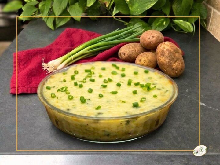 cheesy potato casserole in a dish