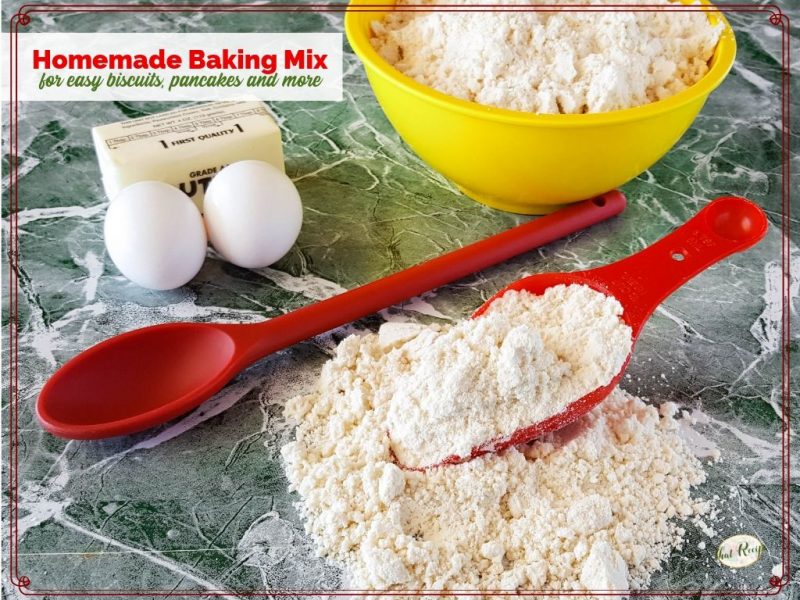 homemade biscuit mix on counter with ingredients for pancakes