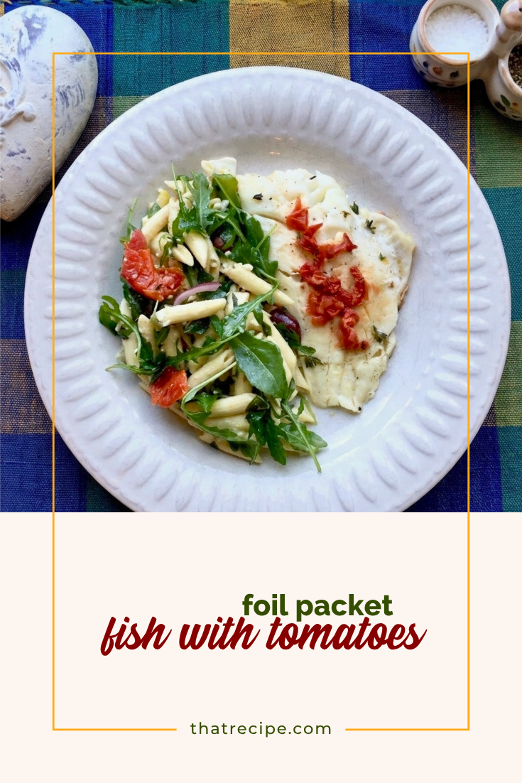 top down view of fish and pasta salad on a plate with top inset of fish in foil packet