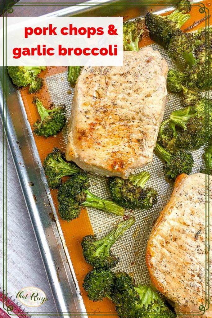 roasted pork chops and broccoli on a sheet pan.