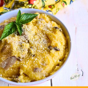 polenta on a plate with text overlay "Parmesan Polenta with mushrooms"