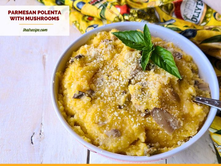 polenta on a plate with text overlay "Parmesan Polenta with mushrooms"