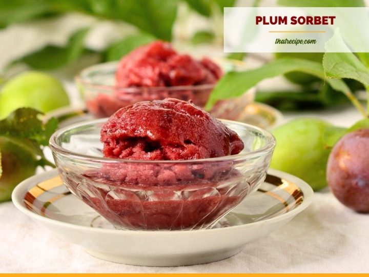 plum sorbet in glass bowls on a table with text overlay "refreshing plum sorbet"