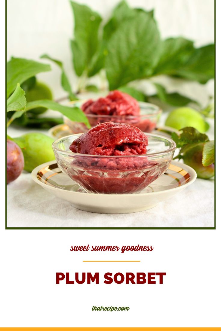 plum sorbet in glass bowls on a table with text overlay "refreshing plum sorbet"