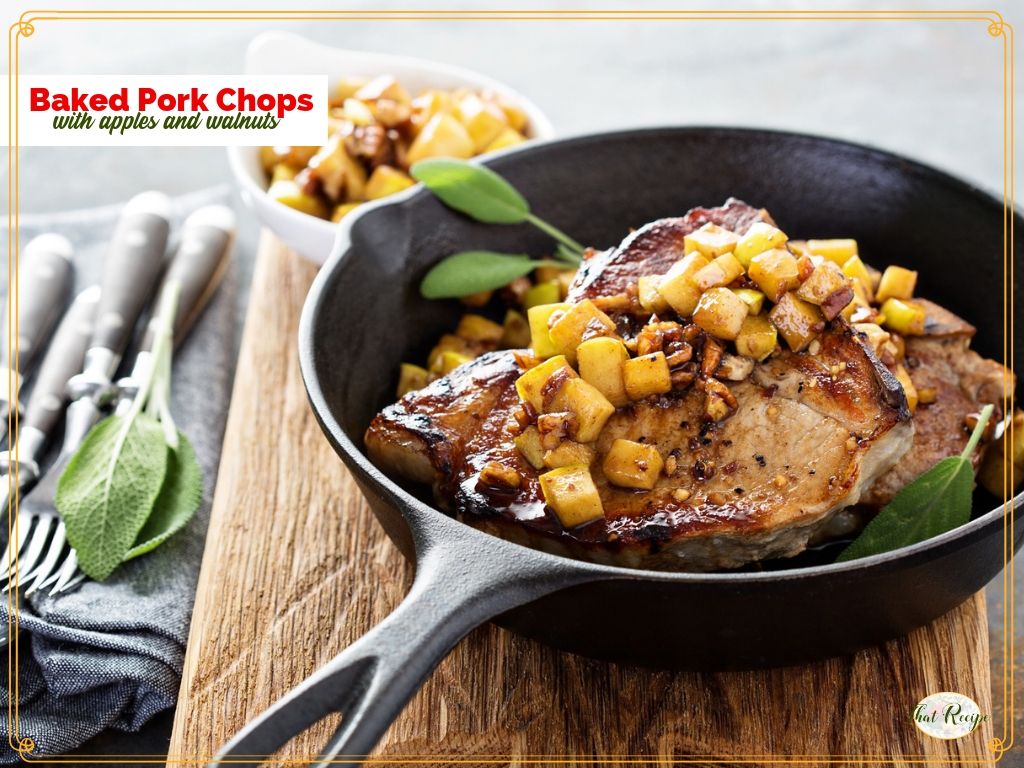 pork chop in a cast iron skillet with apples