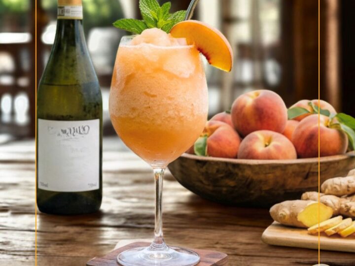 peach slushie with wine bottle, peaches and ginger