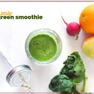 green smoothie plus ingredients on a white background with text overlay "zesty green smoothie"
