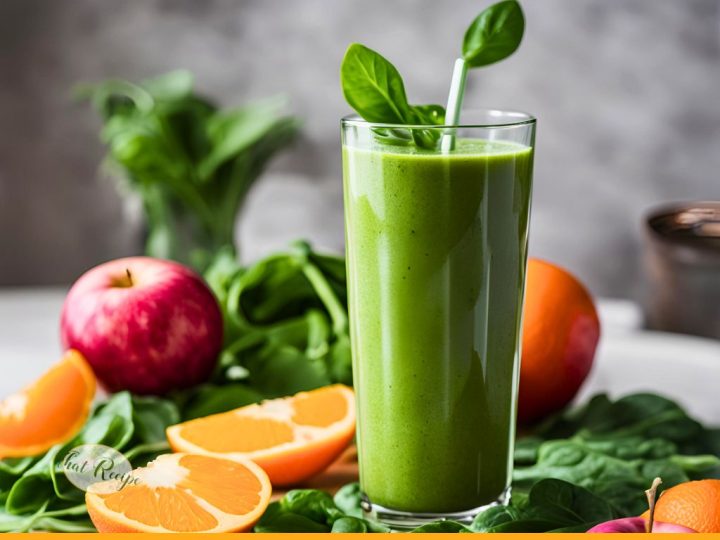 green smoothie on a table with apple, oranges and greens.