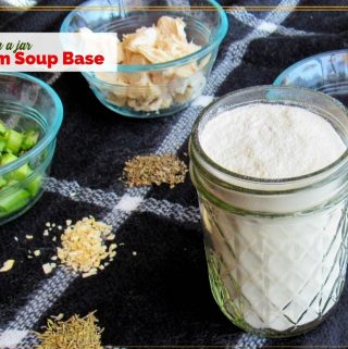 dry cream soup base mix in a jar with containers of mushrooms, asparagus and chicken.