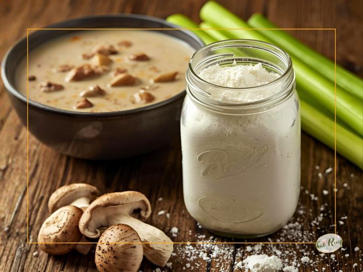 cream soup base mix in a jar with a bowl of soup