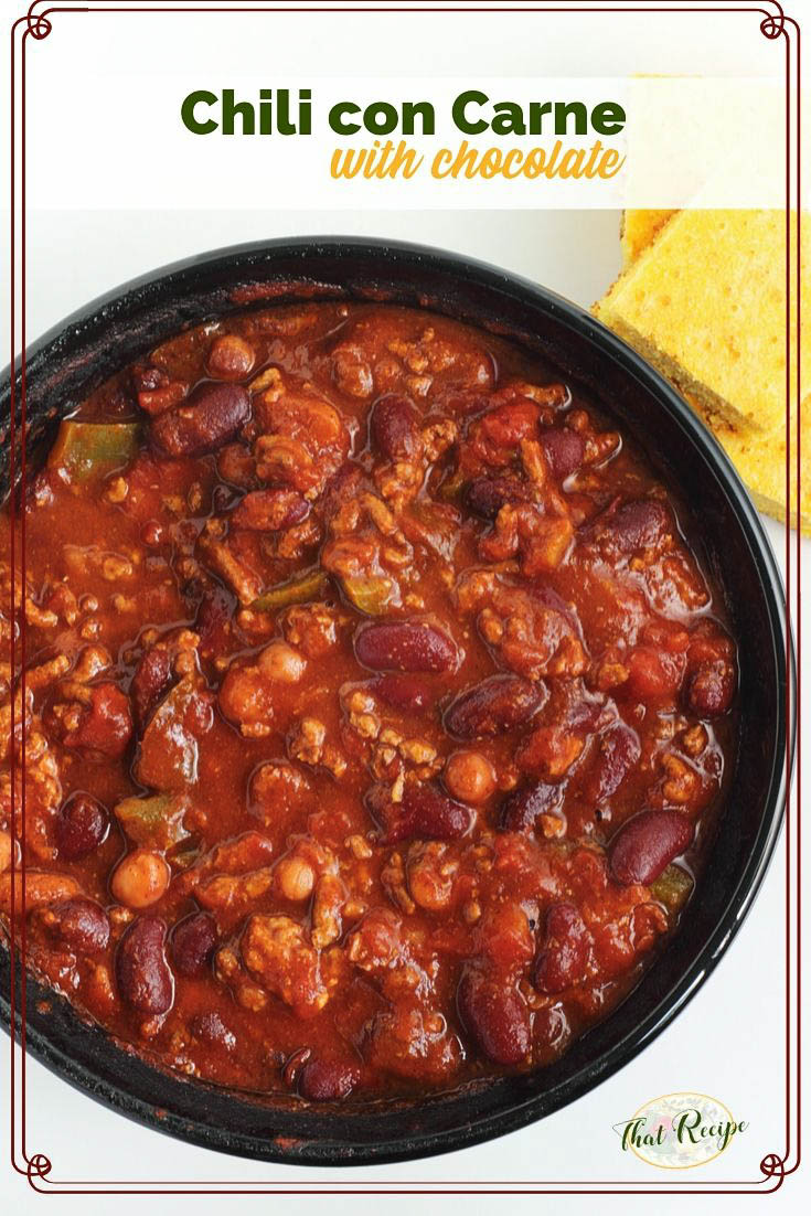 top down view of chili con carne with chocolate in a bowl