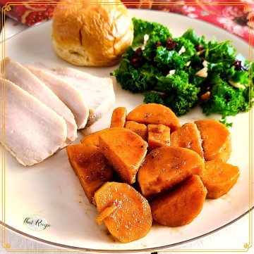 candied sweet potatoes on a plate with meal and text overlay "brown sugar sweet potatoes"