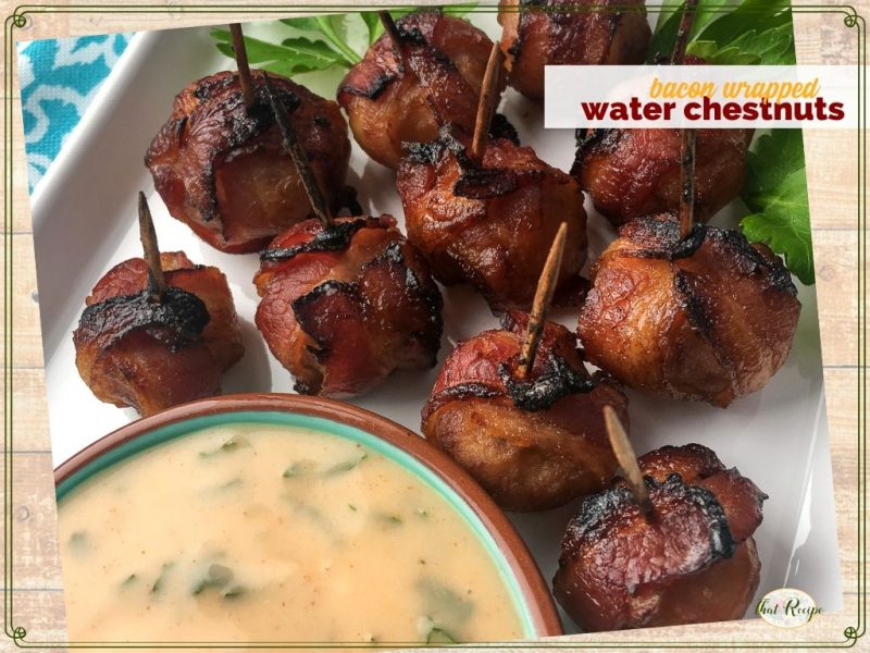 bacon wrapped water chestnuts on a plate