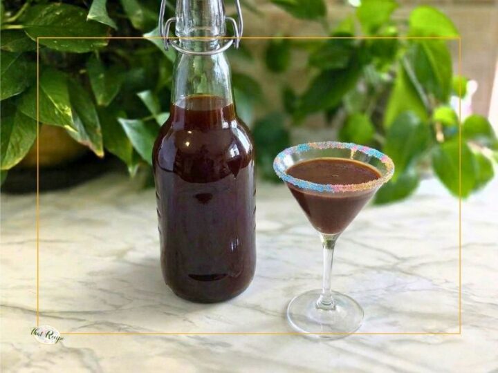 bottle of creme de cacao and a glass of chocolate martini