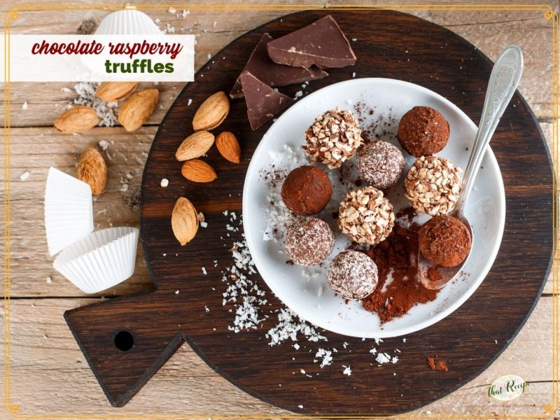 chocolate truffles on a plate with text overlay Chocolate raspberry truffles"