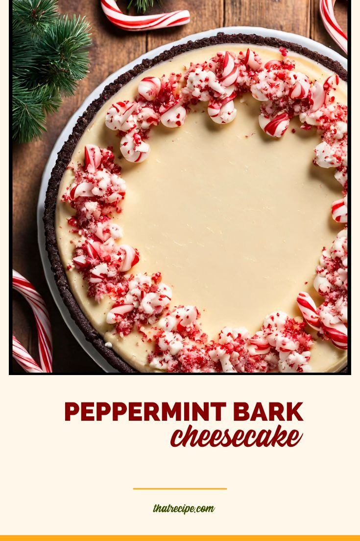 hocolate peppermint cheesecake on a plate with flocked greens and candy canes on table