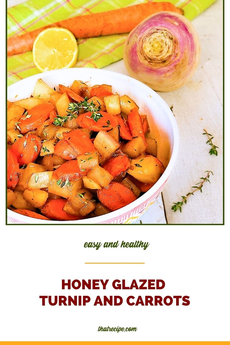 bowl of carrots and turnips with text overlay "honey glazed turnips and carrots"