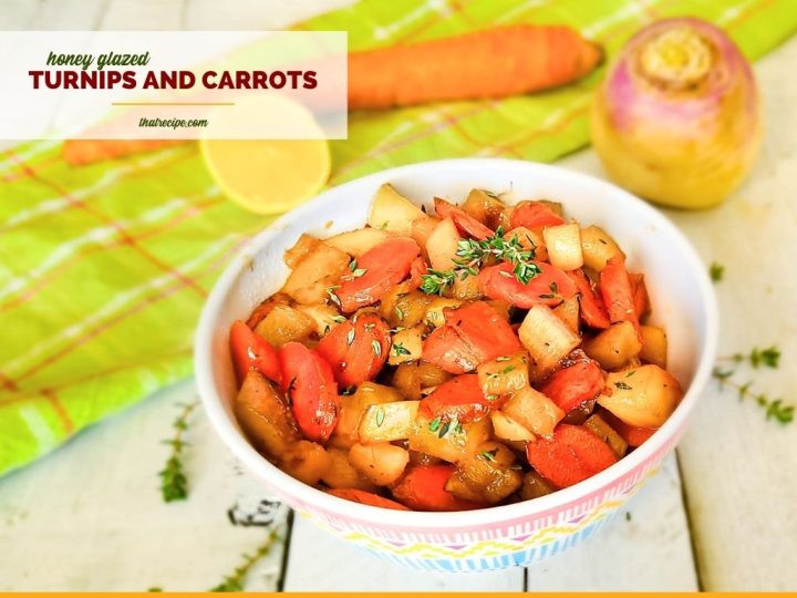 bowl of carrots and turnips with text overlay "honey glazed turnips and carrots"