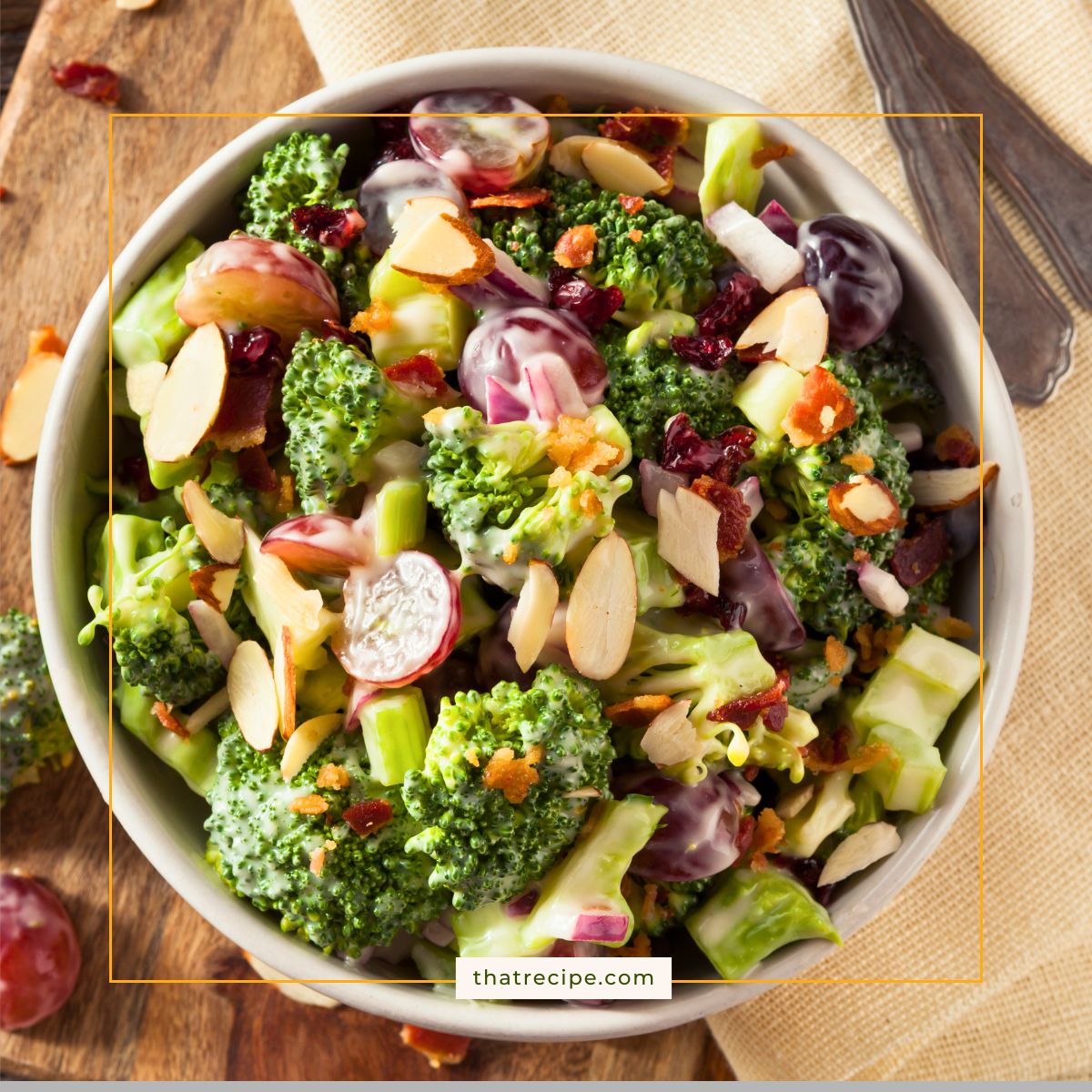 top down view of bacon and broccoli salad