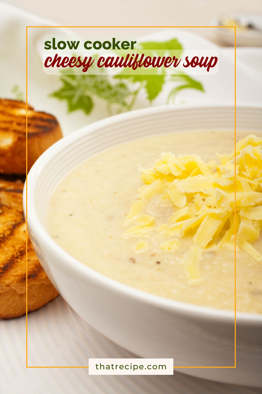 bowl of cheesy cauliflower soup