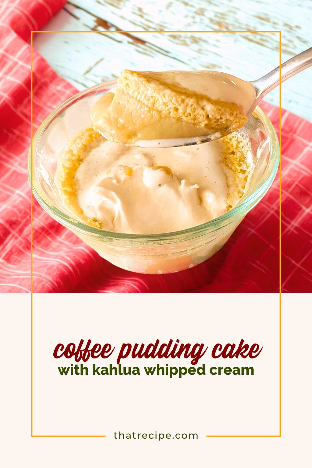 small coffee pudding cake scooped up on a spoon