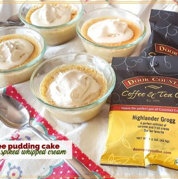 small coffee pudding cake with bags of coffeewith text overlay "coffee pudding cake with kahlua whipped cream"