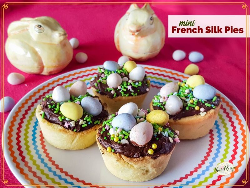 mini chocolate nest tartlets with text overlay "mini French Silk Pies"