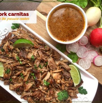 plate of pork carnitas with sauce and vegetables on the side.