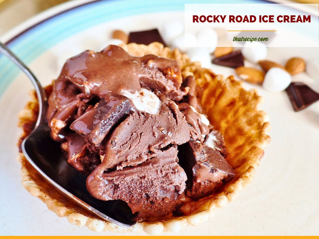 rocky road ice cream in a waffle cup with text overlay "rocky road ice cream"
