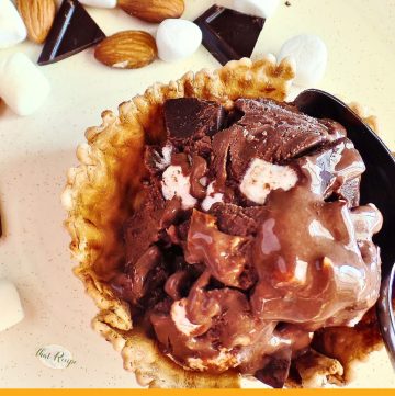 rocky road ice cream in a waffle cup