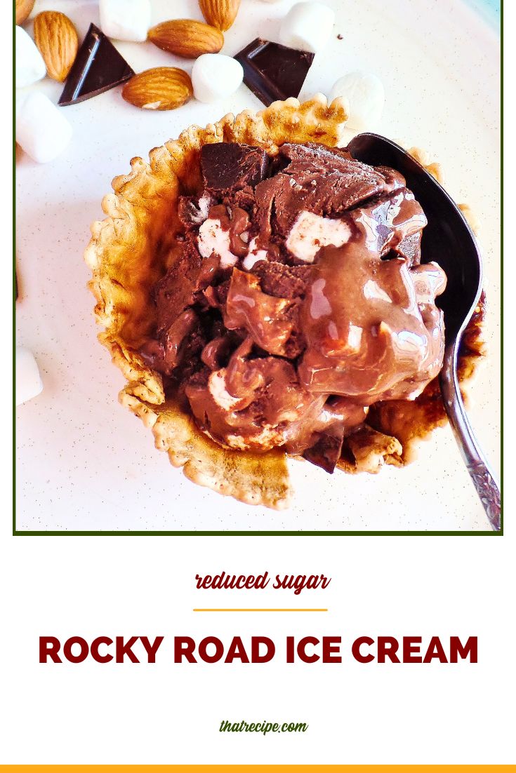 rocky road ice cream in a waffle cup with text overlay "reduced sugar rocky road ice cream"