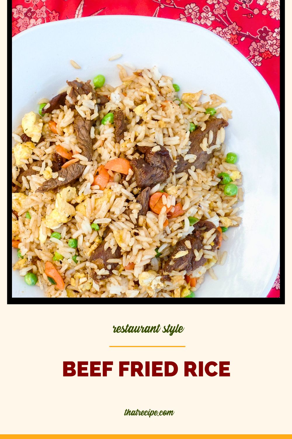 close up of a plate of beef fried rice