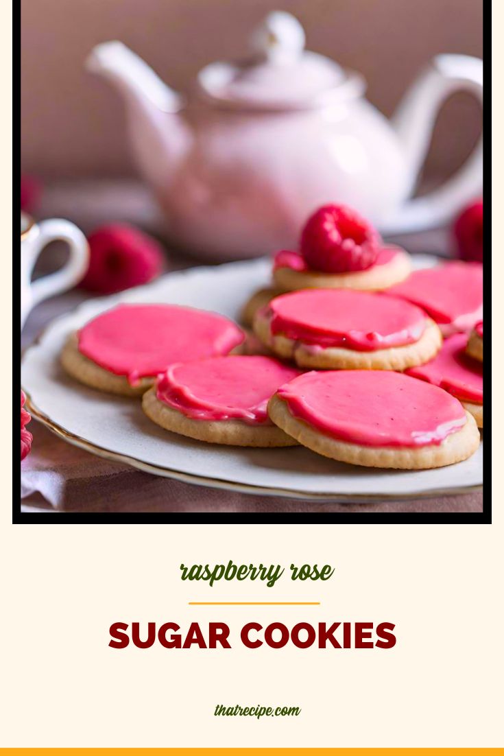 pink iced cookies on a plate with text overlay "raspberry rose sugar cookies"