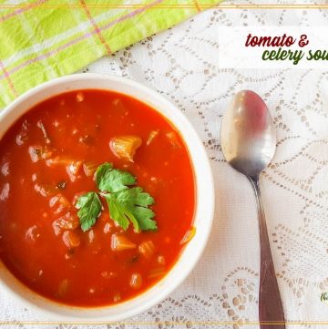 overhead view of tomato and celery soup in a bowl with a spoon