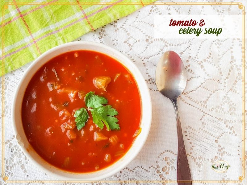 overhead view of tomato and celery soup in a bowl with a spoon