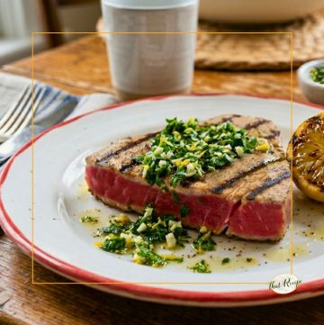 grilled tuna topped with gremolata and grilled lemons