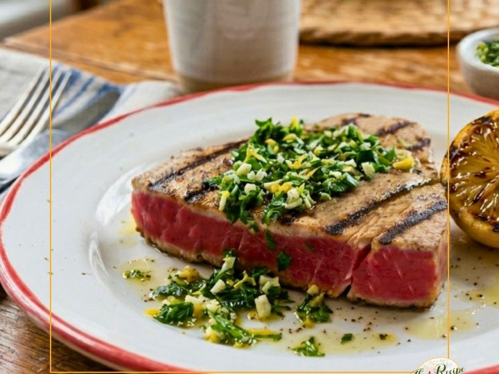 grilled tuna topped with gremolata and grilled lemons