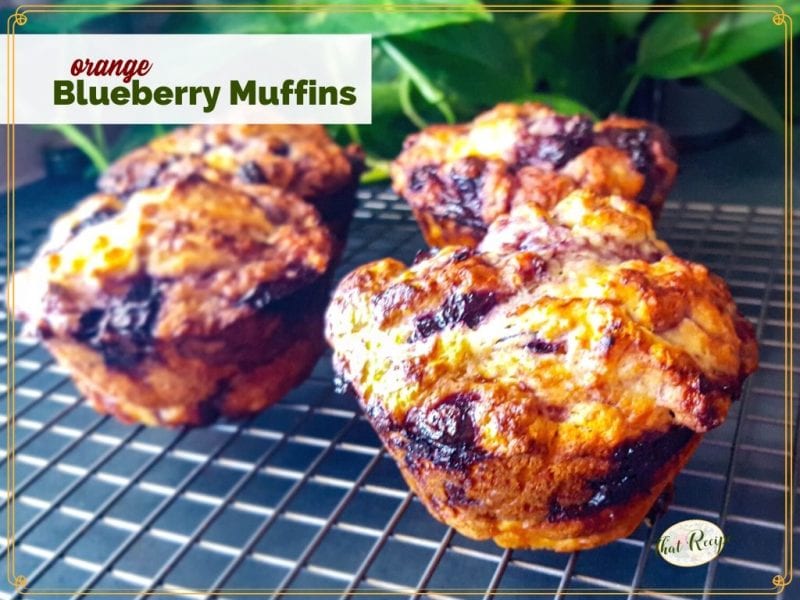 jumbo muffins on a cooling rack with text overlay "orange blueberry muffins"