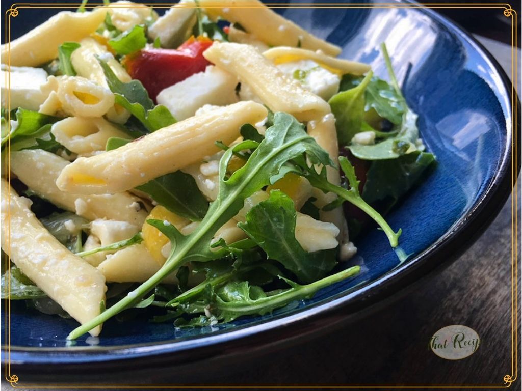 pasta salad with arugula, preserved lemons and feta.