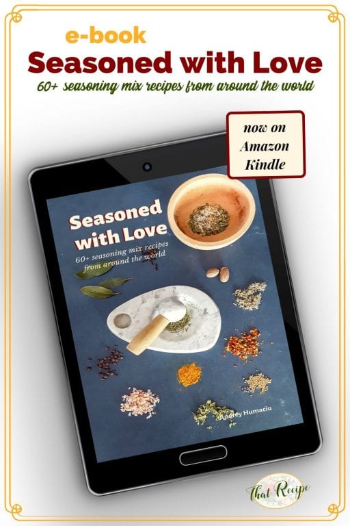 tablet with ebook on display and text overlay "Seasoned with Love: 60 seasoning mix recipes from around the world"