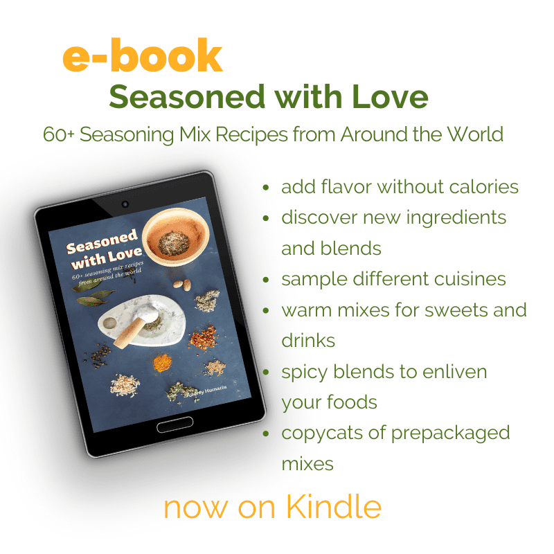 tablet with ebook on display and text overlay "Seasoned with Love: 60 seasoning mix recipes from around the world"