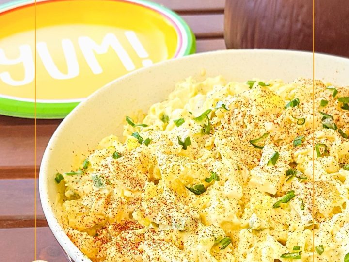 bowl of potato salad on a picnic table