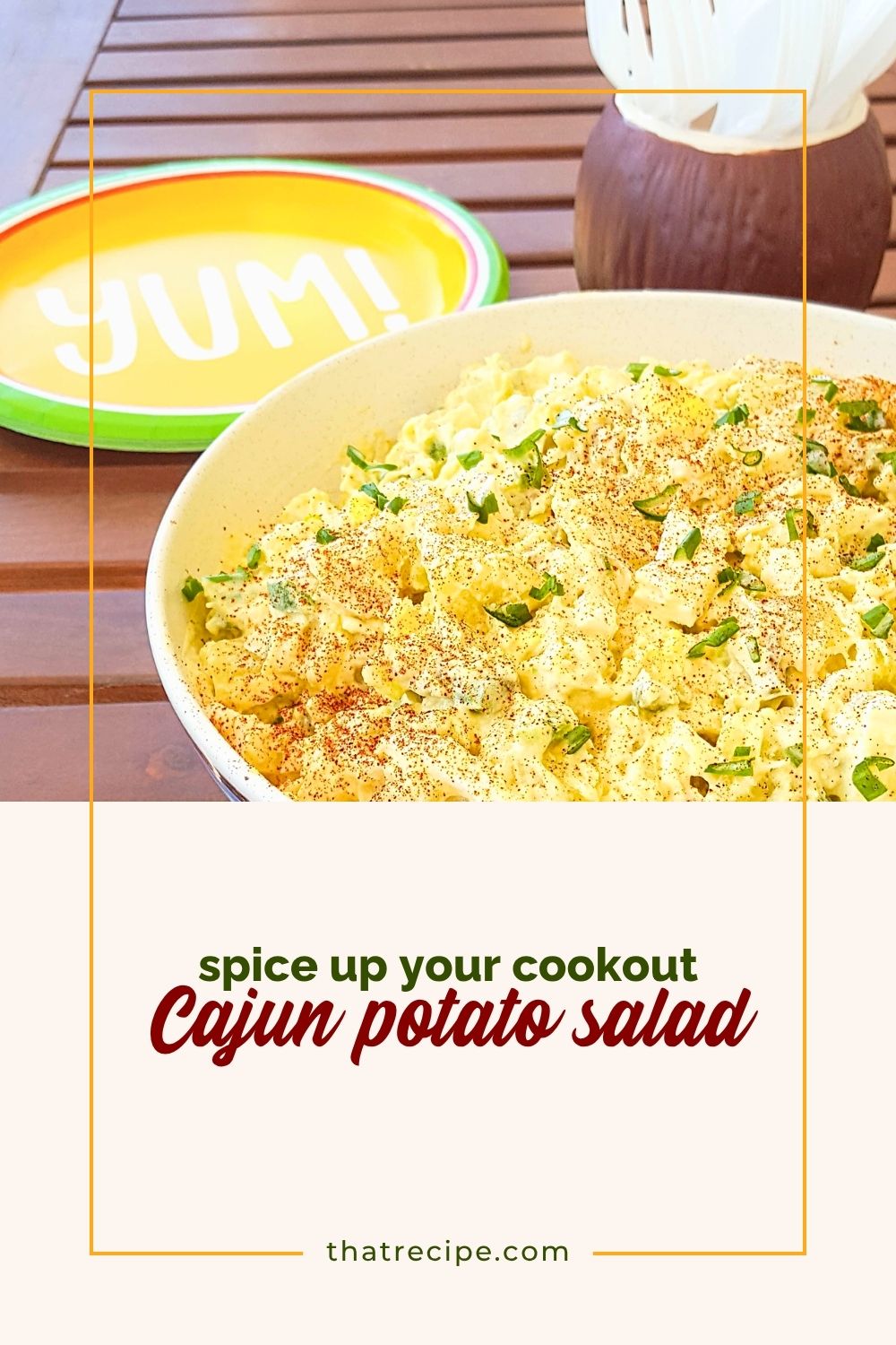 bowl of potato salad on a picnic table