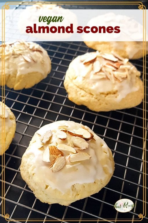almond scones on a cooling rack with text overlay "vegan almond scones"