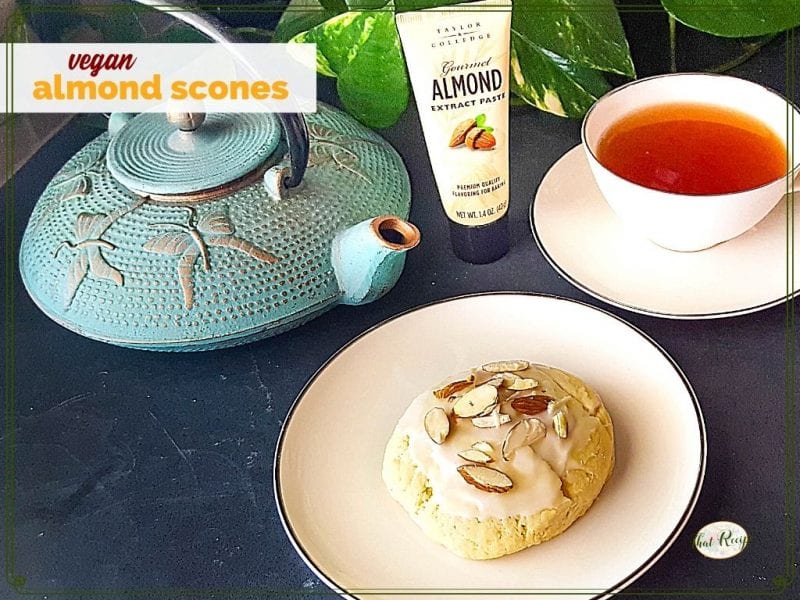 almond scones on a cooling rack with text overlay "vegan almond scones"