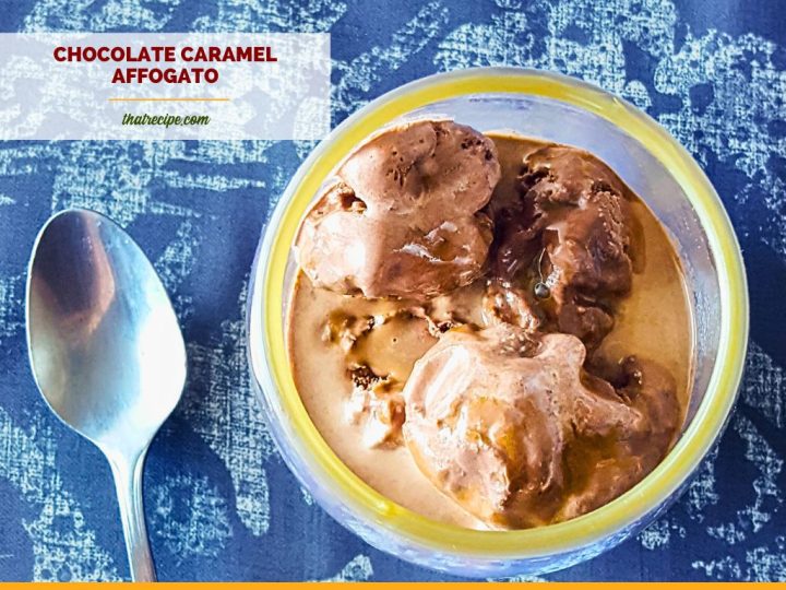 top down view of cup of ice cream topped with coffee with spoon and shot glass next to it and text overlay "chocolate caramel affogato"