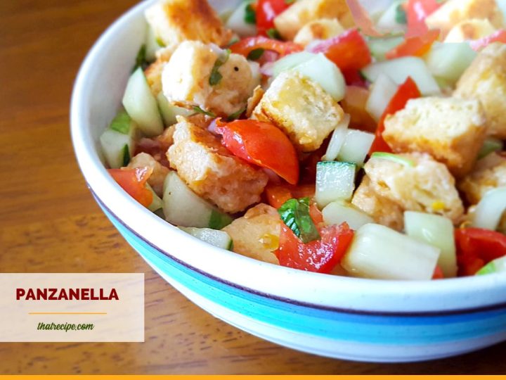 bowl of Panzanella with text overlay "Italian Bread Salad: Easy Panzanella"