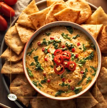 cheese dip with kale and red peppers