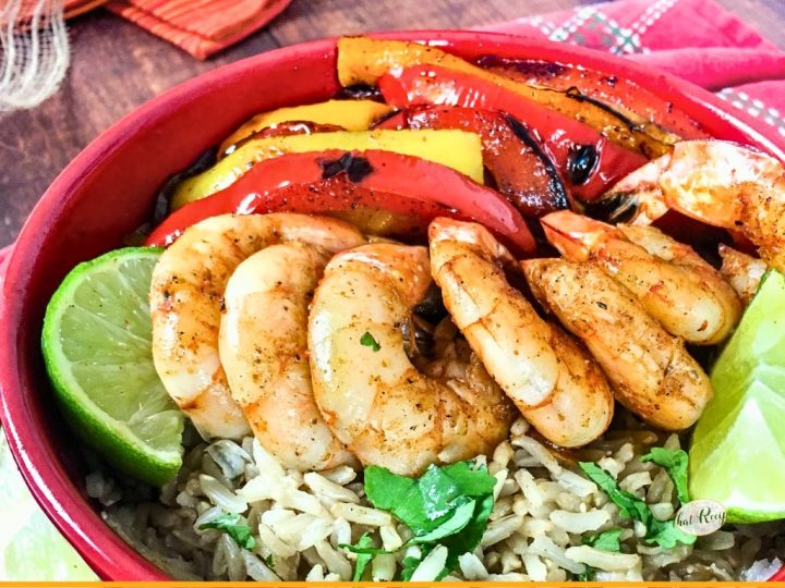 top down view of shrimp and rice bowl with text overlay "cuick - easy - healthy Shrimp Fajita Bowls"